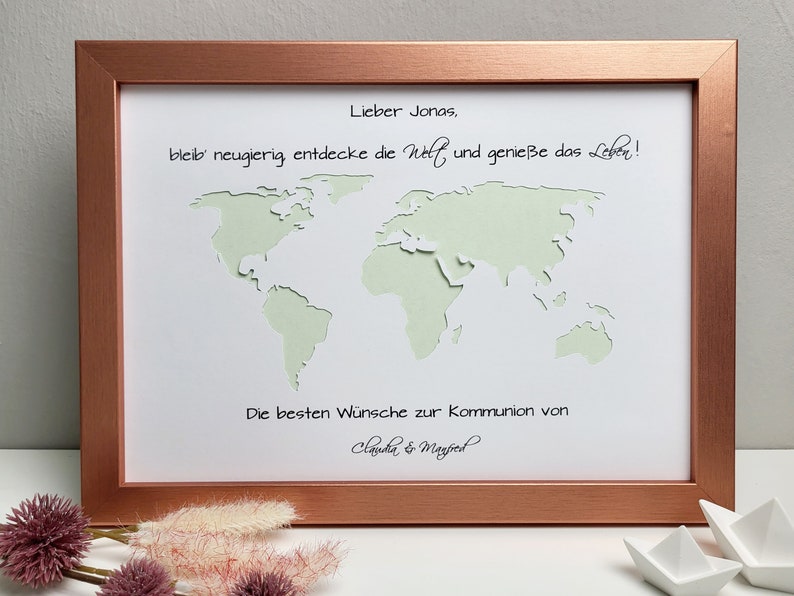 Konfirmationsgeschenk Weltkarte personalisiertes Geldgeschenk zur Konfirmation, Kommunion, Jugendweihe, Lebenswende etc. Premium - roségold