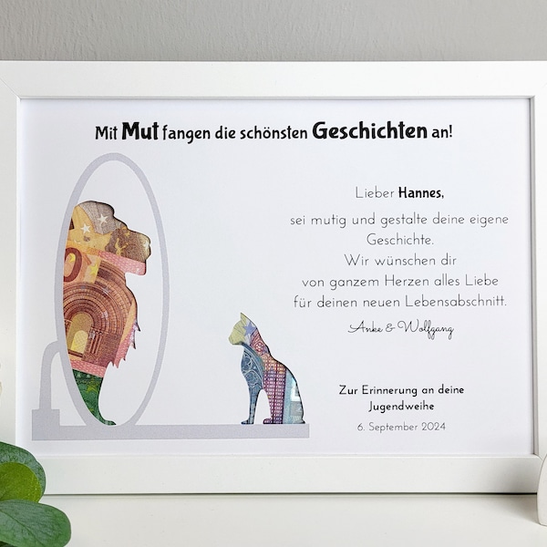 Jugendweihegeschenk "Löwenmut" - personalisiertes Geldgeschenk zur Jugendweihe, Lebenswende, Konfirmation, Kommunion, Taufe, Firmung