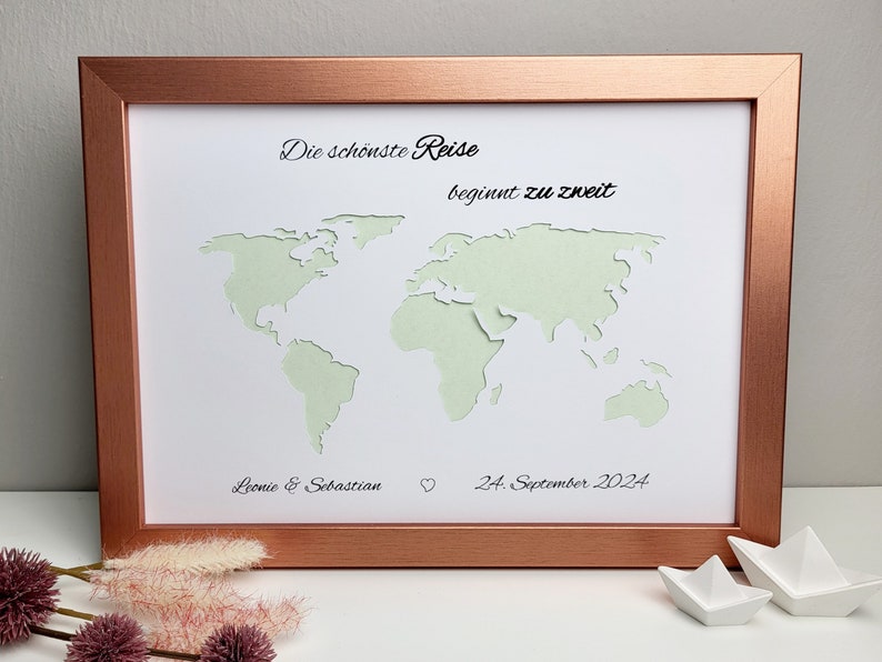 Hochzeitsgeschenk Weltkarte personalisiertes Geldgeschenk für das Ehepaar, Brautpaar zur Hochzeit oder zum Jubiläum Premium - roségold