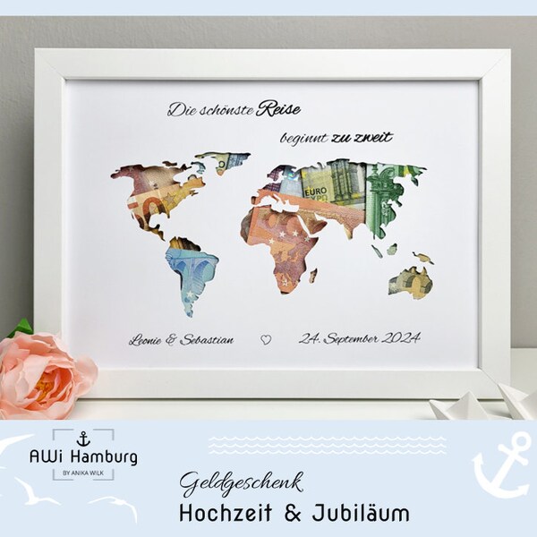 Hochzeitsgeschenk "Weltkarte" - personalisiertes Geldgeschenk für das Ehepaar, Brautpaar zur Hochzeit oder zum Jubiläum