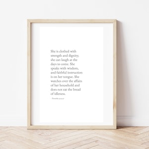 Ze is gekleed met kracht en waardigheid, Spreuken 31 Vrouwendruk, Spreuken 31:25-27, Bijbelvers, Digitale Download, Afdrukbare kunst