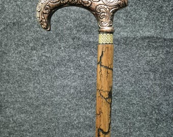 Antique Copper Finish Brass Handle Wooden Walking Cane - Victorian Style
