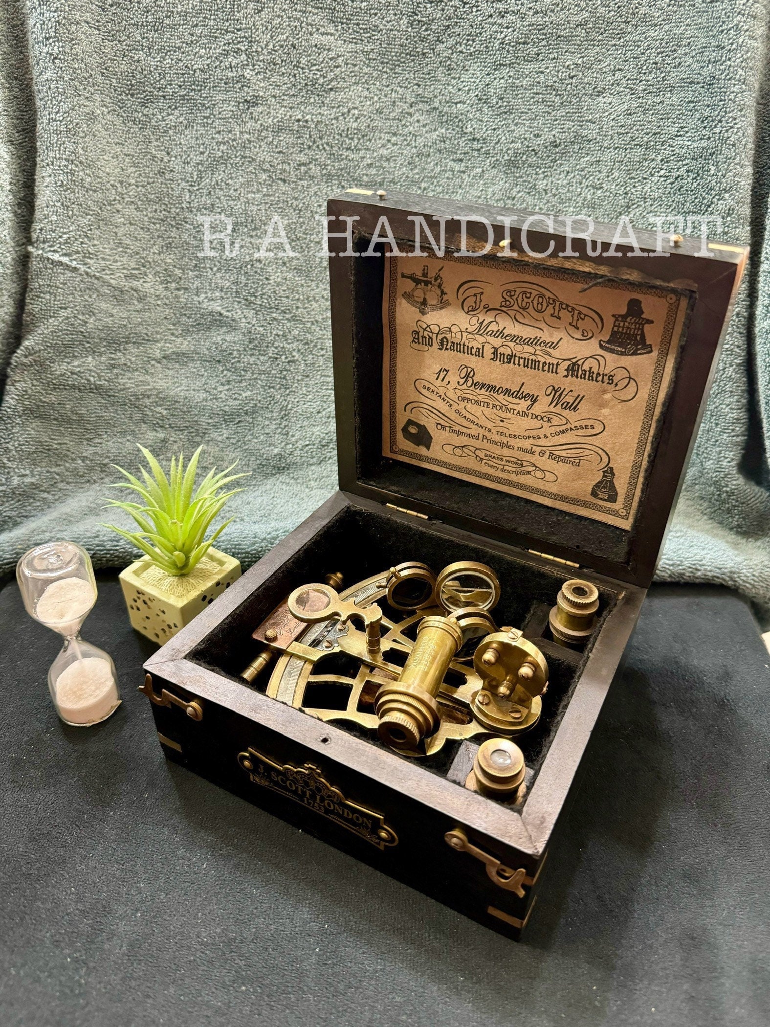 Antique Brass Sextant with Wood Box: J.Scott Navigational Instrument