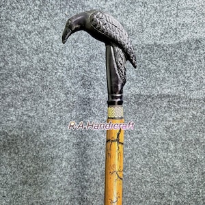 Gothic Raven Walking Cane: Brass Handle, Hand-Carved Wooden Stick