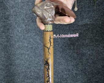 Bastón de madera con cabeza de conejo de latón antiguo, tallado a mano, 96 cm