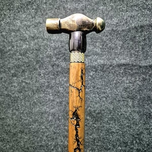 Brass Hammer Handle Walking Cane: Hand-Carved Wooden Stick (38 Inches)