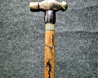 Brass Hammer Handle Walking Cane: Hand-Carved Wooden Stick (38 Inches)