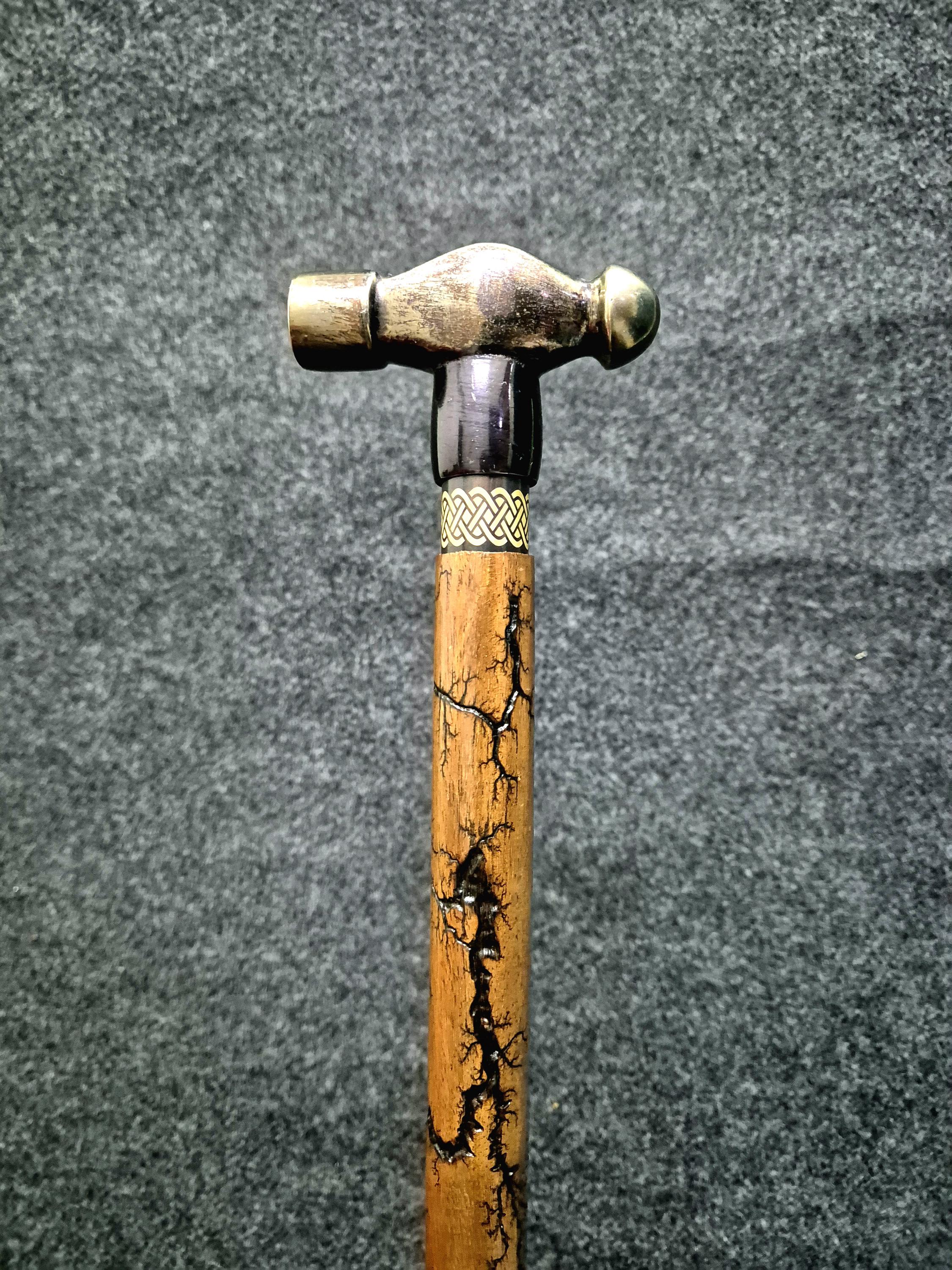Brass Hammer Handle Walking Cane: Hand-Carved Wooden Stick (38 Inches)