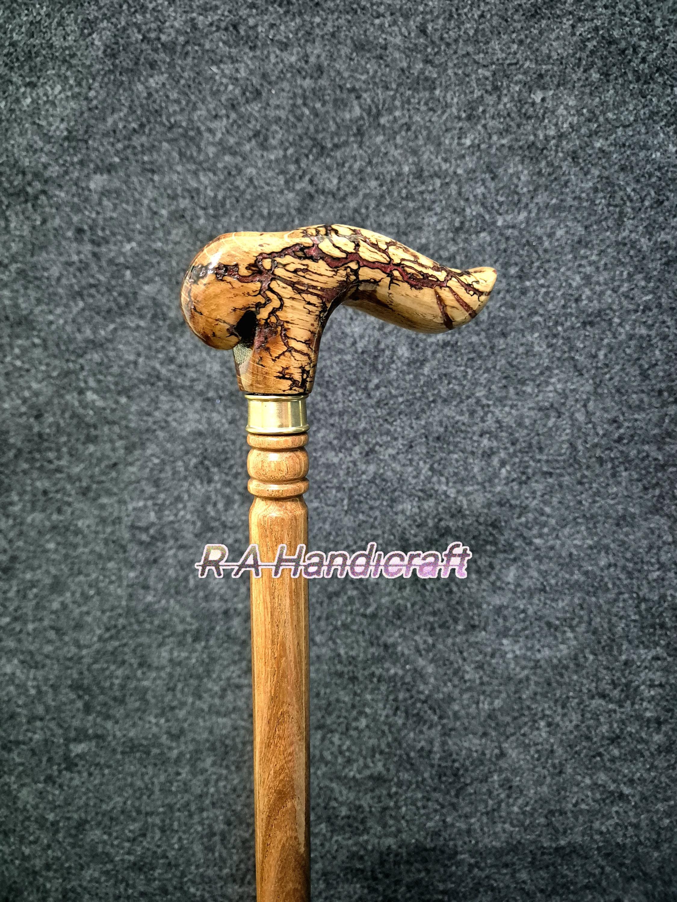 Carved Oak Wood Walking Cane: Red & White Victorian Style
