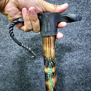 Hand Carved Wooden Walking Cane: Black Iron Hetman Handle, Green Design