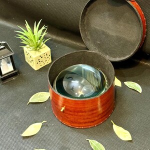 May include: A wooden box with a brass latch, containing a clear glass magnifying sphere. The box is lined with black felt and has a brown wood grain finish. The box is sitting on a black surface with green leaves scattered around it.