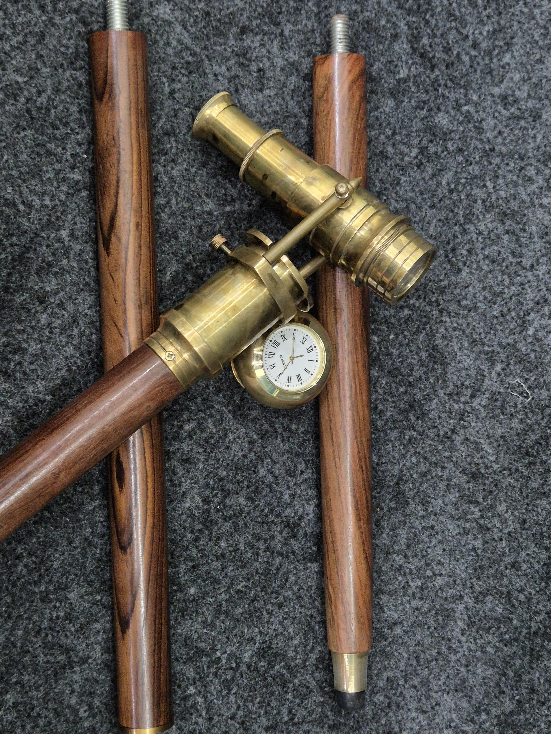 Victorian Telescope Walking Cane: Brass Spyglass, Clock Handle, Wooden ...