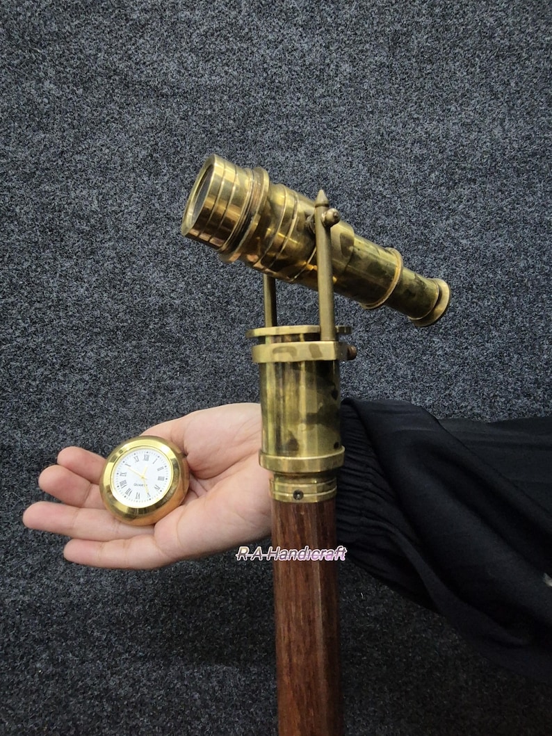 Victorian Telescope Walking Cane: Brass Spyglass, Clock Handle, Wooden ...