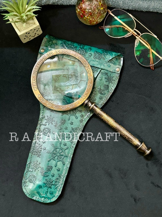 Table Top Brass Magnifying Glass, HENRY HUGHES SON 1941 Engraved Antique Finish Magnifying Glass With Leather Cover, Gift For Husband Gifts