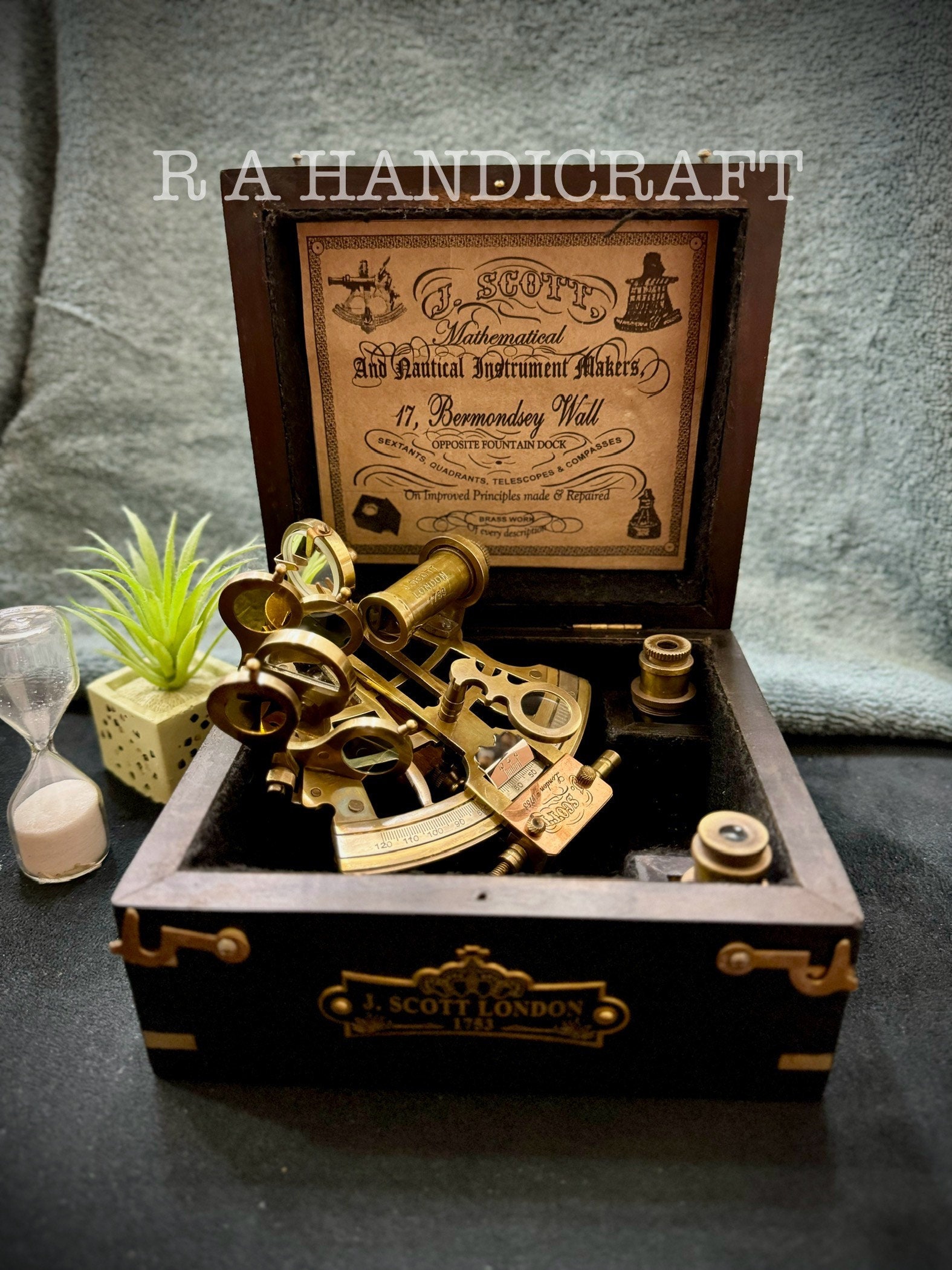 Antique Brass Sextant With Wood Box: J.scott Navigational