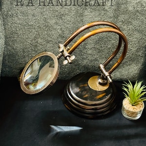 Engraved Brass Table Magnifying Glass: Antique Finish, Adjustable 10X Magnifier