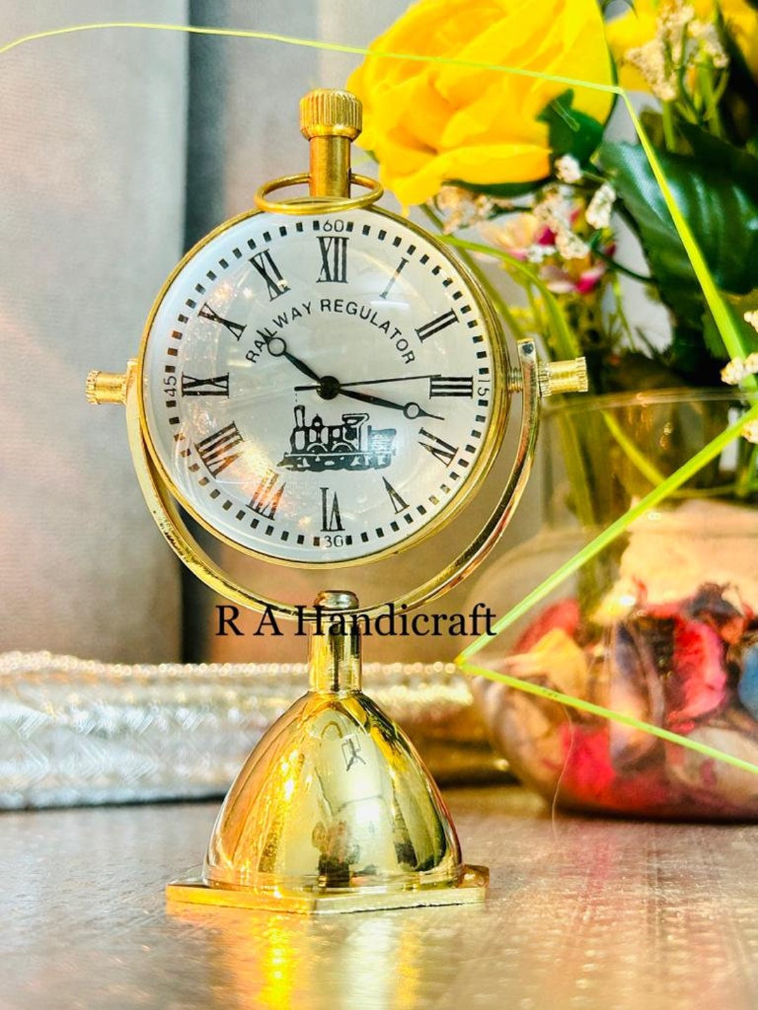 Antique Retro Brass Clock, Tabletop Clock, Analog Brass Clock, Office