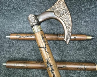 Viking Axe Brass Handle Wooden Walking Cane: Hand-Carved Mobility Stick