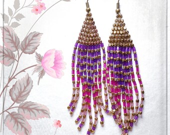 Boucles d’oreilles douces faites à la main | Boucles d'oreilles miyuki longues plumes uniques originales | Boucles d'oreilles de gala de fête de mariage | Bijoux élégants faits à la main |