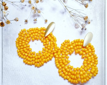 Handmade Earrings by Lorea | Handmade Mustard Flower Miyuki Earrings | Unique and Beautiful Original Earrings | Round Flower Beaded Earrings |