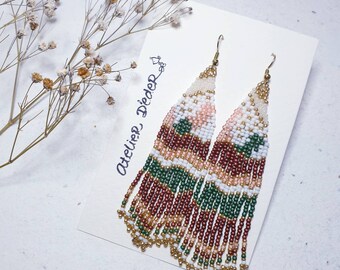 Handmade Landscape Earrings | Exclusive Handmade Miyuki Brickstitch Earrings | Unique Lightweight Long Feather Fringe Earrings |