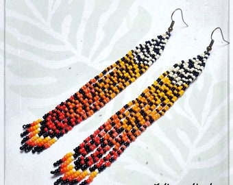 Handmade Wild Earrings | Handmade Miyuki Fringe Earrings | Unique Long Lightweight Feather Earrings | Leopard Print Earrings |