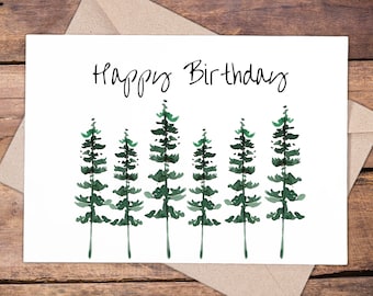 Tarjeta de cumpleaños imprimible, feliz cumpleaños, árboles de hoja perenne de acuarela, interior en blanco, tarjeta 5x7, descarga instantánea e impresión PDF