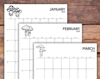 2024 Printable Monthly Calendar | Mushroom Design | Sunday and Monday Start | Letter Size |  Instant Download PDF File