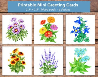 Tarjetas imprimibles, mini tarjetas de felicitación, tarjetas plegadas de 2,5" x 2,5", 6 diseños de flores de acuarela, interior en blanco, descarga instantánea e impresión PDF