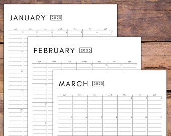 Kalendarz do druku na rok 2023 z liniami tekstowymi | Prosty kalendarz | Wyczyść czcionkę | Start w niedzielę i poniedziałek | Rozmiar litery | Natychmiastowe pobieranie pliku PDF