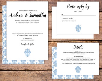 Conjunto de invitación de boda, plantilla Canva editable, estilo victoriano, invitación de 5 x 7", tarjeta RSVP de 5,5 x 4,25" y tarjeta de detalles