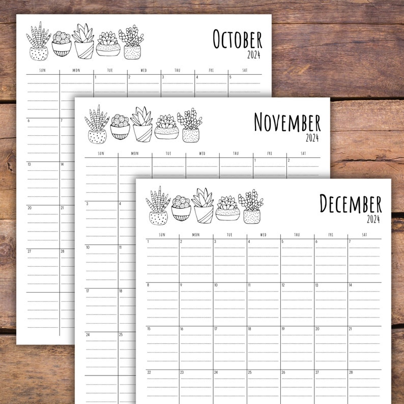 2024 Printable Succulent Calendar With Text Lines Clean Font Sunday and