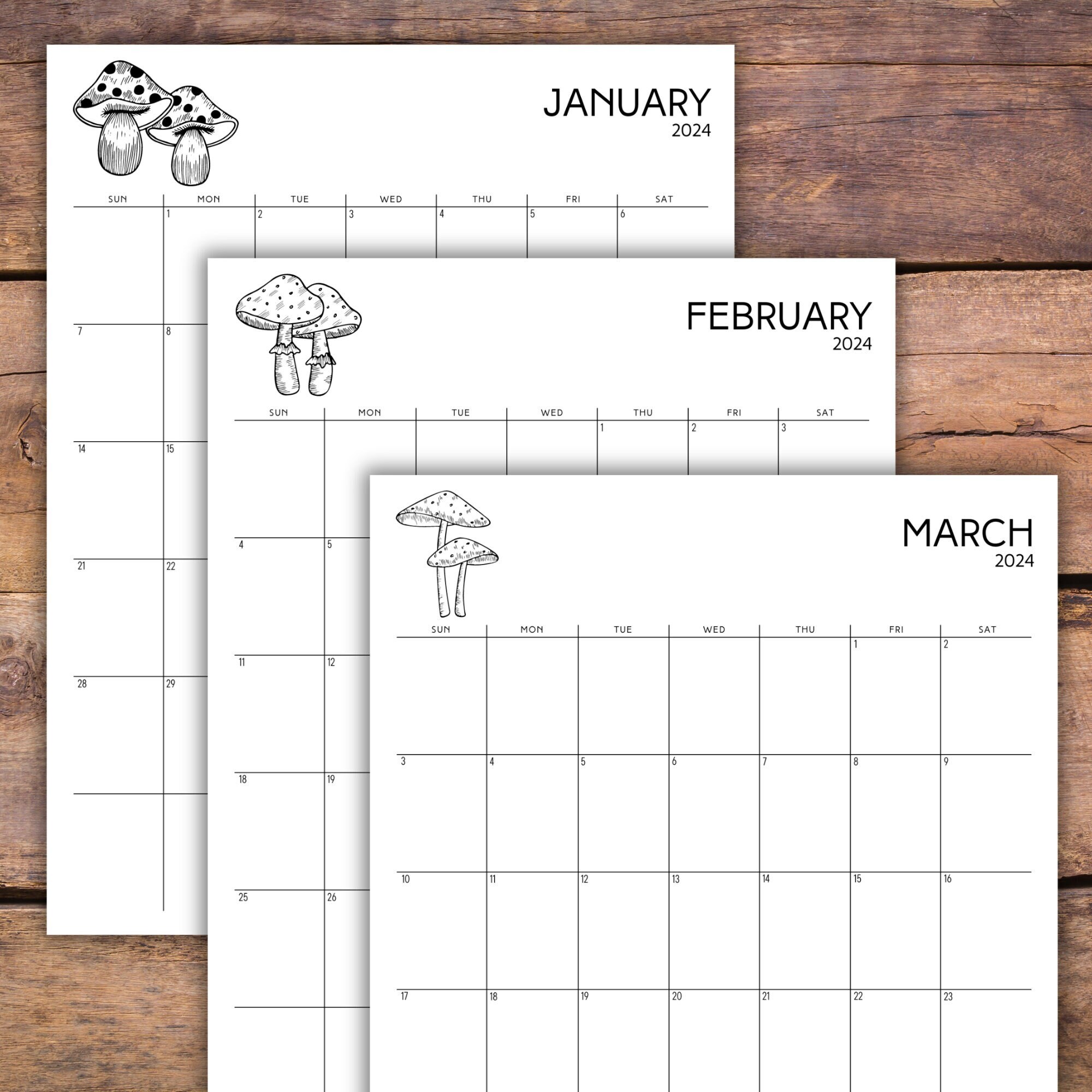 2024 Printable Monthly Calendar Mushroom Design Sunday and Etsy