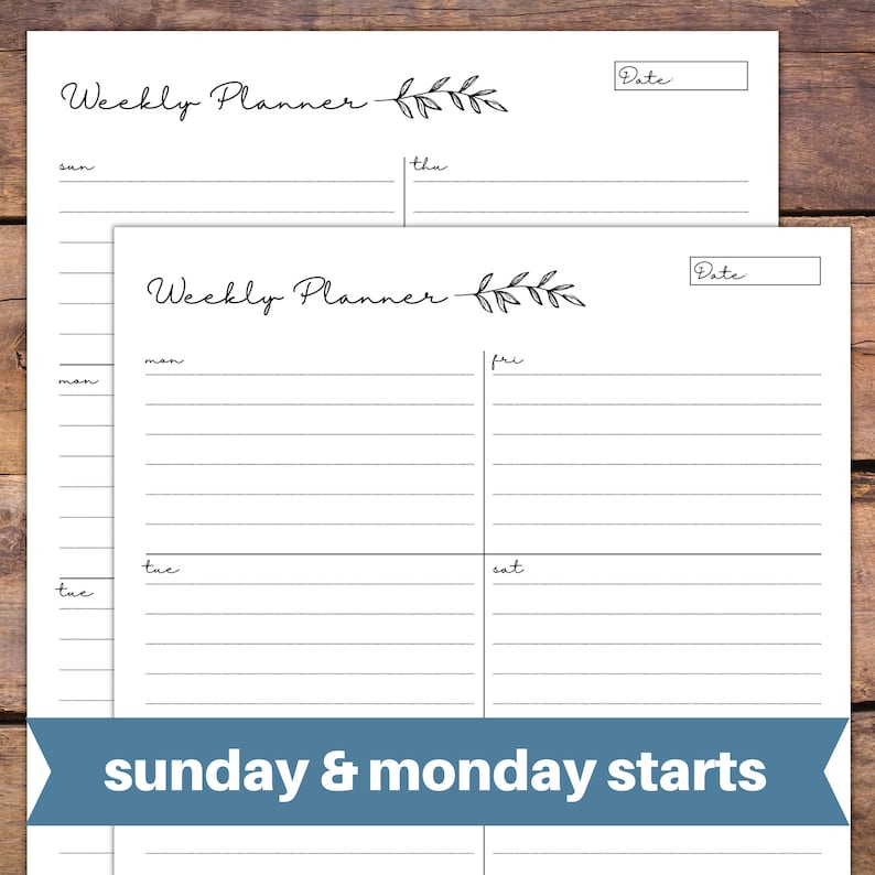 Printable Weekly Planner Sunday and Monday Week Starts - Etsy