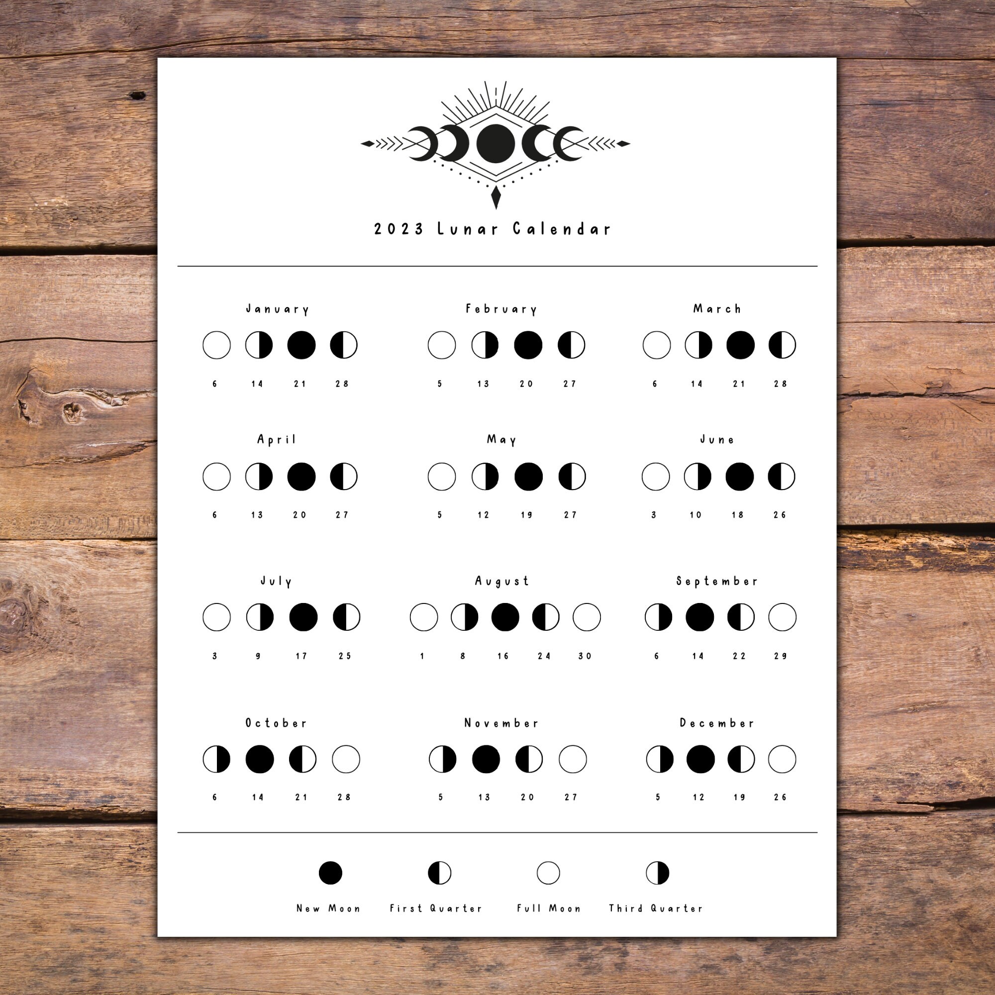 2023 Lunar Calendar, Printable PDF File, Moon Phase Calendar, 8.5 X 11