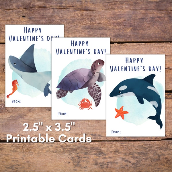 Kids Printable Valentine Cards, Under The Sea Theme, 2.5 x 3.5 inches, Instant Download