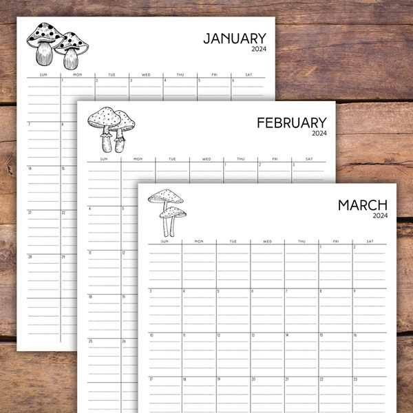 2024 Printable Calendar with Text Lines | Mushroom Design | Sunday and Monday Start | Letter Size |  Instant Download PDF File