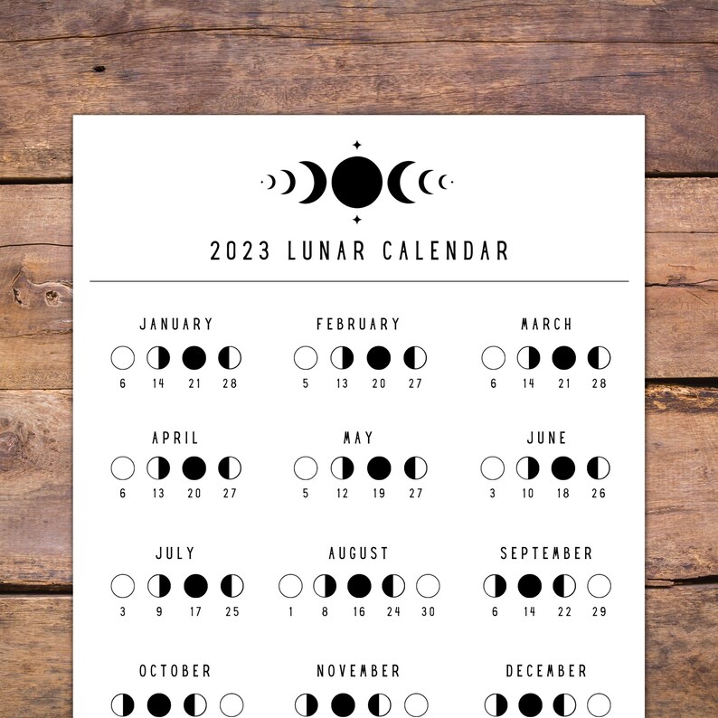 2023 Lunar Calendar, Printable PDF File, Moon Phase Calendar, 8.5 x 11 Letter Size image 1