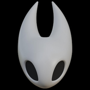 Peut inclure: Un masque blanc stylisé avec une surface lisse et un design symétrique. Le masque présente deux grandes ouvertures ovales pour les yeux et deux cornes incurvées vers le haut. Le fond est noir uni.