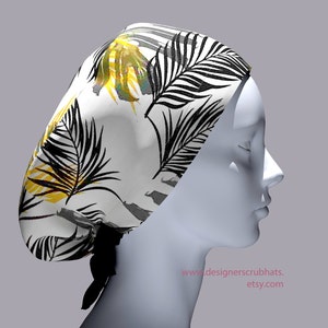 Surgical cap women ponytail,nurse gift,euro scrub cap,pixie scrub hats,medical bouffant cap with black monstera.