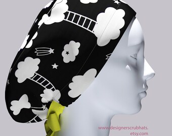 Gorro quirúrgico para mujer, gorro quirúrgico con cola de caballo para mujer, gorro quirúrgico médico, estampados de dibujos animados lindos, gorro quirúrgico divertido, gorro con estampado negro.
