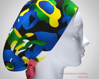Plant Scrub caps for women.Ponytail scrub cap for nurse, chemo,medical bouffant scrub hat with abstract flowers.