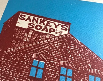 Original konstlinoleumssnitt Sankeys tvål 90-tals Manchester Club A3