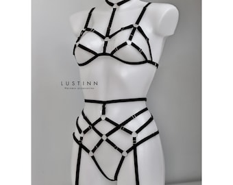 Conjunto de lencería con arnés MARY / Conjunto de arnés dividido en 3 piezas / Sujetador con arnés, cinturón con arnés, bragas con arnés, body tipo jaula, lencería con tiras