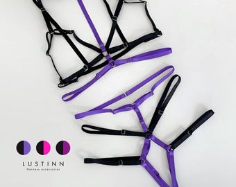 Purple lingerie harness PARRY with garters, Custom made lingerie