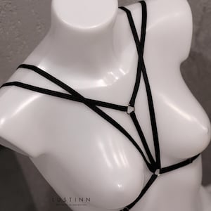 May include: Black lingerie harness with adjustable straps and metal rings. The harness is made of a soft, stretchy material and is designed to be worn over the chest.
