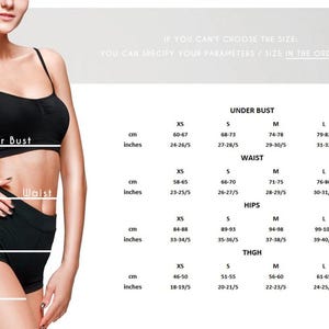 May include: A size chart for women's clothing with measurements in inches and centimetres for under bust, waist, hips, and thigh.