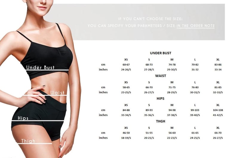 May include: A size chart for women's clothing with measurements in inches and centimetres for under bust, waist, hips, and thigh.