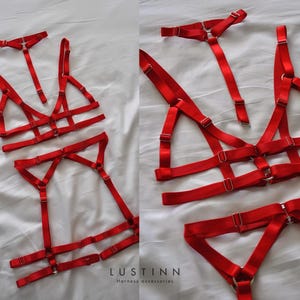 Red Lingerie Set KISS, Harness set of Harness belt, Bra with choker