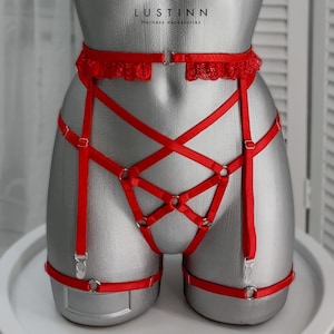 Panties with garters belt LACY, Custom lingerie, Red lingerie set